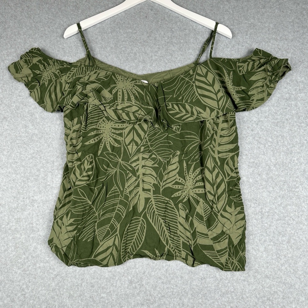 Old Navy Off The Shoulder Blouse Womens XL Green‎ Leaf Tropical Ruffled Sleeve